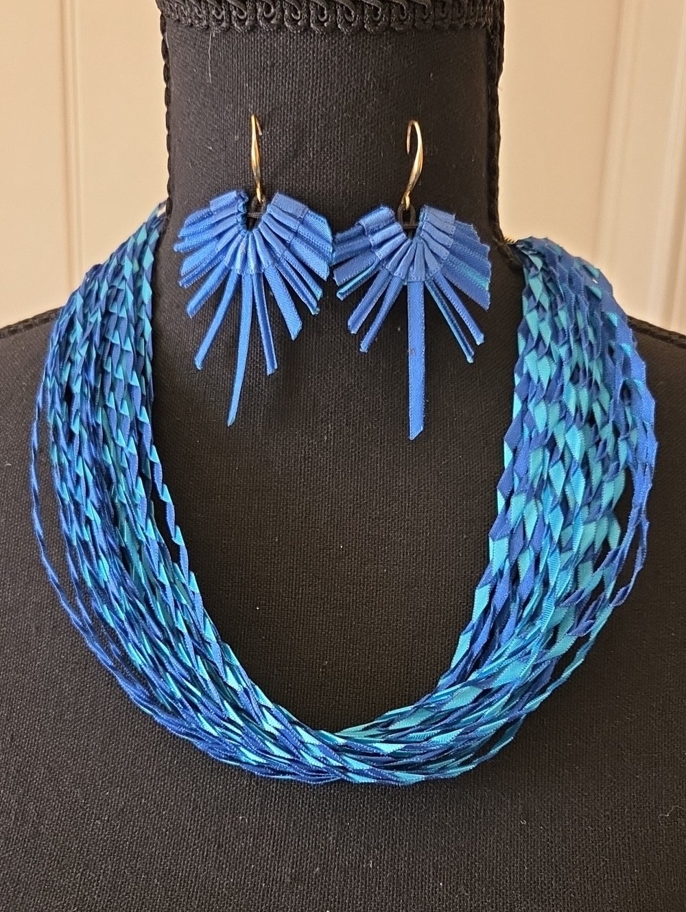 Blue Braided Ribbon Statement Necklace & Fringe Earrings